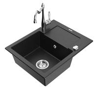 Mexen Enzo fregadero de granito de 1 seno con escurridor y grifo de cocina Carla, negro/plateado metálico - 6506-73-670700-00 16771 5905315039118