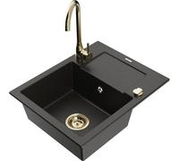 Mexen Enzo fregadero de granito de 1 seno con escurridor y grifo de cocina Telma, negro/dorado - 6506-75-670200-50 6215 5907709189775