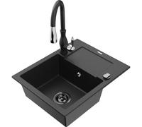 Mexen Enzo fregadero de granito de 1 tazón con escurridor y grifo de cocina Savita, negro/plateado metálico 17385 5905315034007