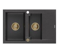 Mexen Gaspar fregadero de granito 1,5 cubetas con escurridor 737 x 475 mm, negro moteado, sifón dorado - 6507731505-76-G 16172 5905315011817