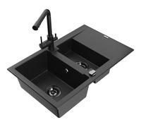 Mexen Gaspar fregadero de granito de 1,5 cubetas con escurridor y grifo de cocina Duero, negro/plateado - 6507-73-671600-70-B 17484 5905315024091