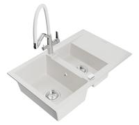 Mexen Gaspar fregadero de granito de 1,5 cubetas con escurridor y grifo de cocina Duo, blanco - 6507-20-671701-02 22702 5905315100443
