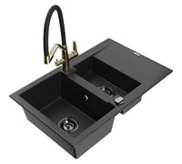 Mexen Gaspar fregadero de granito de 1,5 cubetas con escurridor y grifo de cocina Duo, negro/plata - 6507-73-671701-57-B 22721 5905315100634