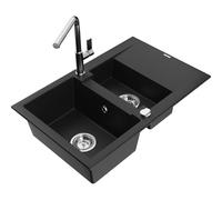 Mexen Gaspar fregadero de granito de 1,5 cubetas con escurridor y grifo de cocina Flora, negro - 6507-77-670401-00 20703 5905315059390