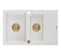 Mexen Gaspar fregadero de granito de 1,5 senos con escurridor 737 x 475 mm, blanco, sifón dorado - 6507731505-20-G 16167 5905315011763