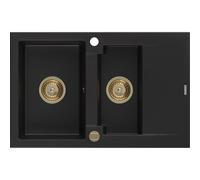Mexen Gaspar fregadero de granito de 1,5 senos con escurridor 737 x 475 mm, negro, sifón dorado - 6507731505-77-G 16173 5905315011824