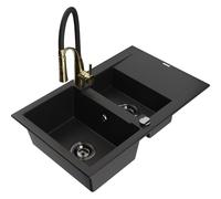 Mexen Gaspar fregadero de granito de 1,5 senos con escurridor y grifo de cocina Aster, negro - 6507-77-73450-57-B 19093 5905315045430