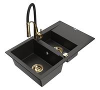 Mexen Gaspar fregadero de granito de 1,5 senos con escurridor y grifo de cocina Aster, negro/dorado metalizado 19082 5905315045300