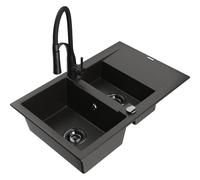 Mexen Gaspar fregadero de granito de 1,5 senos con escurridor y grifo de cocina Aster, negro/metalizado dorado 19084 5905315045324