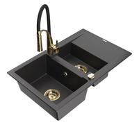 Mexen Gaspar fregadero de granito de 1,5 senos con escurridor y grifo de cocina Aster, negro moteado - 6507-76-73450-57-G 19087 5905315045362