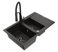 Mexen Gaspar fregadero de granito de 1,5 senos con escurridor y grifo de cocina Aster, negro/oro metálico - 6507-75-73450-70-B 19084 5905315045324