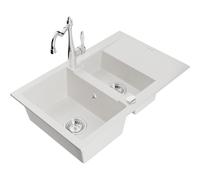 Mexen Gaspar fregadero de granito de 1,5 senos con escurridor y grifo de cocina Carla, blanco - 6507-20-670700-00 16790 5905315039309