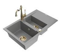 Mexen Gaspar fregadero de granito de 1,5 senos con escurridor y grifo de cocina Carla, gris - 6507-71-670700-50 16801 5905315039392