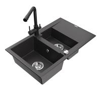 Mexen Gaspar fregadero de granito de 1,5 senos con escurridor y grifo de cocina Duero, negro moteado - 6507-76-671600-70 17512 5905315024176