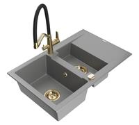 Mexen Gaspar fregadero de granito de 1,5 senos con escurridor y grifo de cocina Duo, gris - 6507-71-671701-57-G 22715 5905315100573