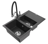 Mexen Gaspar fregadero de granito de 1,5 senos con escurridor y grifo de cocina Duo, negro moteado - 6507-76-671701-07 22728 5905315100702
