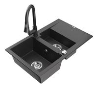 Mexen Gaspar fregadero de granito de 1,5 senos con escurridor y grifo de cocina Elia, negro moteado - 6507-76-670101-76 19708 5905315029317
