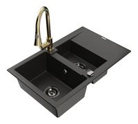 Mexen Gaspar fregadero de granito de 1,5 senos con escurridor y grifo de cocina Elia, negro/oro metálico - 6507-75-670101-50-B 19701 5905315029249
