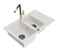Mexen Gaspar fregadero de granito de 1,5 senos con escurridor y grifo de cocina Flora, blanco - 6507-20-670401-57-B 20659 5905315059017