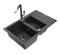 Mexen Gaspar fregadero de granito de 1,5 senos con escurridor y grifo de cocina Flora, negro moteado - 6507-76-670401-07-B 20695 5905315059314