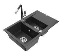Mexen Gaspar fregadero de granito de 1,5 senos con escurridor y grifo de cocina Flora, negro moteado - 6507-76-670401-07 20694 5905315059307