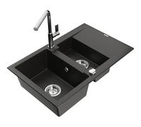 Mexen Gaspar fregadero de granito de 1,5 senos con escurridor y grifo de cocina Flora, negro/oro metálico - 6507-75-670401-00 20687 5905315059239