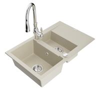 Mexen Gaspar fregadero de granito de 1,5 senos con escurridor y grifo de cocina Savita, beige - 6507-69-672601-00 17442 5905315034212