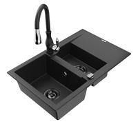 Mexen Gaspar fregadero de granito de 1,5 senos con escurridor y grifo de cocina Savita, negro/plata - 6507-73-672601-70-B 17482 5905315034335