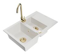Mexen Gaspar fregadero de granito de 1,5 senos con escurridor y grifo de cocina Telma, blanco - 6507-20-670200-50 6224 5907709189867