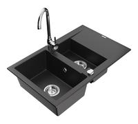 Mexen Gaspar fregadero de granito de 1,5 senos con escurridor y grifo de cocina Telma, negro - 6507-77-670200-00 6234 5907709189966
