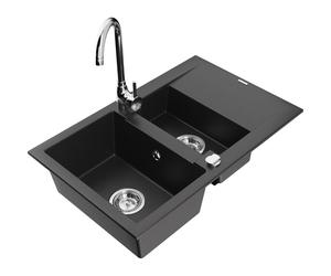 Mexen Gaspar fregadero de granito de 1,5 senos con escurridor y grifo de cocina Telma, negro - 6507-77-670200-00 6234 5907709189966
