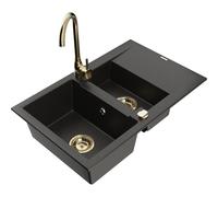 Mexen Gaspar fregadero de granito de 1,5 senos con escurridor y grifo de cocina Telma, negro/dorado - 6507-75-670200-50 6230 5907709189928