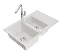 Mexen Gaspar fregadero de granito de 1.5 tazones con escurridor y grifo de cocina Flora, blanco - 6507-20-670401-00 20652 5905315058959