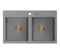 Mexen Hektor fregadero de granito de 2 compartimentos 800 x 480 mm, gris, sifón dorado - 6521802000-71-G 31404 5905315236418
