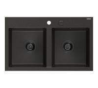 Mexen Hektor fregadero de granito de 2 senos 800 x 480 mm, negro/oro metálico, sifón negro - 6521802000-75-B 31507 5905315236647