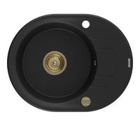 Mexen Kevin fregadero de granito de 1 cubeta con escurridor 586 x 458 mm, negro, sifón dorado - 6517581005-77-G 16246 5905315012456