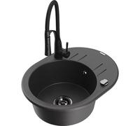 Mexen Kevin fregadero de granito de 1 cubeta con escurridor y grifo de cocina Aster, negro moteado - 6517-76-73450-70-B 19391 5905315048745
