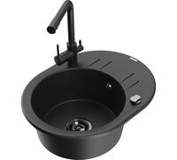 Mexen Kevin fregadero de granito de 1 tazón con escurridor y grifo de cocina Duero, negro/metalizado plateado 18826 5905315026651