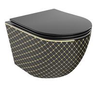 Mexen Lena taza de inodoro sin borde con asiento de cierre suave slim, duroplast, negro mate/patrón de cuadros dorado 15872 5907709154582