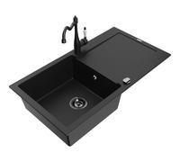 Mexen Leo fregadero de granito de 1 compartimento con escurridor y grifo de cocina Carla, negro - 6501-77-670700-70-B 16478 5905315037688