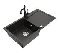 Mexen Leo fregadero de granito de 1 compartimento con escurridor y grifo de cocina Carla, negro/dorado metálico 16466 5905315037589