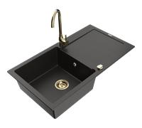 Mexen Leo fregadero de granito de 1 compartimento con escurridor y grifo de cocina Telma, negro/oro metálico 6140 5907709189034