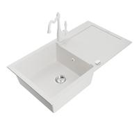 Mexen Leo fregadero de granito de 1 cubeta con escurridor y grifo de cocina Carla, blanco - 6501-20-670700-20 16441 5905315037398