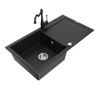 Mexen Leo fregadero de granito de 1 cubeta con escurridor y grifo de cocina Carla, negro - 6501-77-670700-70 16480 5905315037695