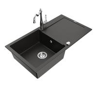 Mexen Leo fregadero de granito de 1 cubeta con escurridor y grifo de cocina Carla, negro/metalizado dorado - 6501-75-670700-00 16461 5905315037558