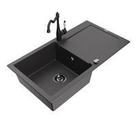 Mexen Leo fregadero de granito de 1 cubeta con escurridor y grifo de cocina Carla, negro moteado - 6501-76-670700-70-B 16472 5905315037633