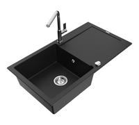 Mexen Leo fregadero de granito de 1 cubeta con escurridor y grifo de cocina Flora, negro - 6501-77-670401-00 19767 5905315056399