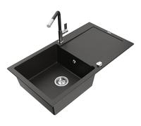 Mexen Leo fregadero de granito de 1 cubeta con escurridor y grifo de cocina Flora, negro/dorado metálico - 6501-75-670401-07 19752 5905315056245