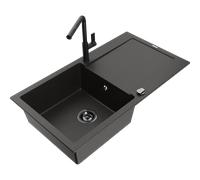 Mexen Leo fregadero de granito de 1 cubeta con escurridor y grifo de cocina Flora, negro/dorado metálico - 6501-75-670401-70-B 19756 5905315056283