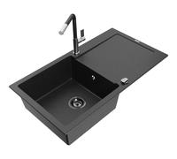Mexen Leo fregadero de granito de 1 cubeta con escurridor y grifo de cocina Flora, negro/plata metálica - 6501-73-670401-07-B 19747 5905315056191